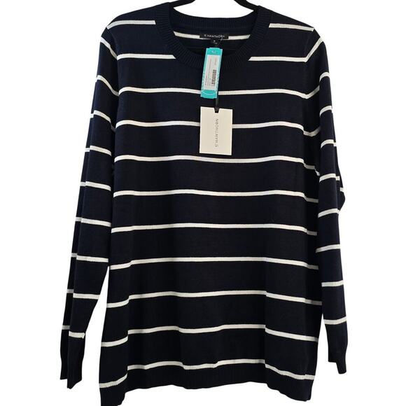 Women's Navy White Stripe Sweater Plus 1X Minimalist Soft Cozy Winter Layering - Picture 1 of 7